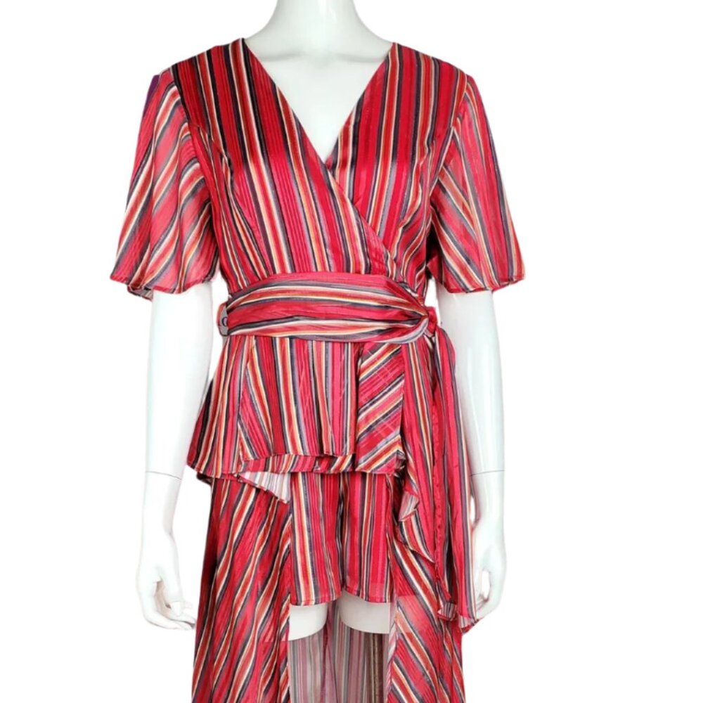 Women's Stripped Red, Yellow and Green Romper with Skirt